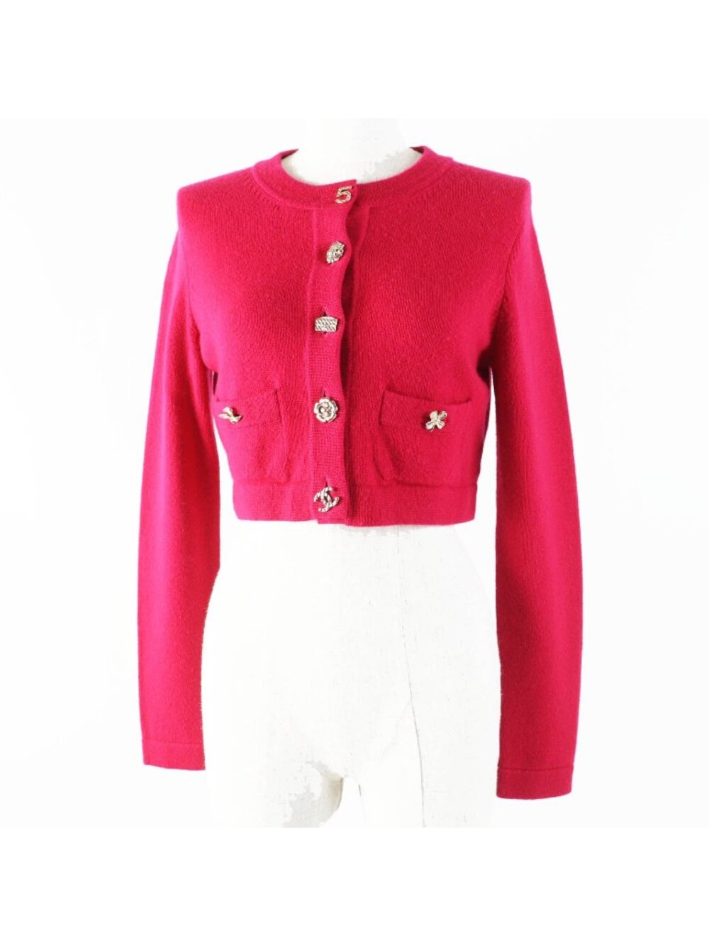 Chanel Cashmere 100% Lac Key Charm Cropped Length Knit Cardigan Pink Gold 34